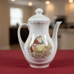 1950s FP Zajecar Coffee Tea Pot Watteau Courting Couple Yugoslavia Gold Gild